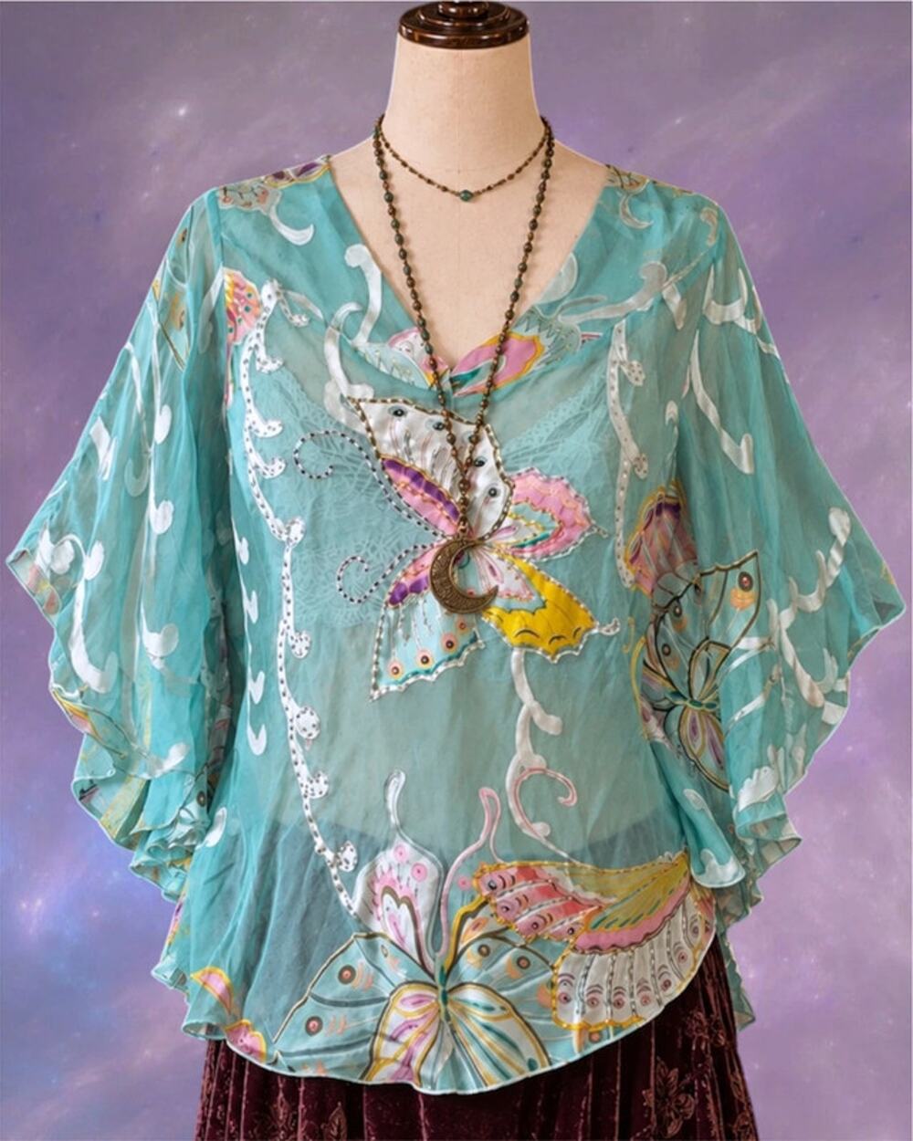 Deadstock 100% Silk Butterfly Fairy Top Beaded Aqua Flutter Sleeve L